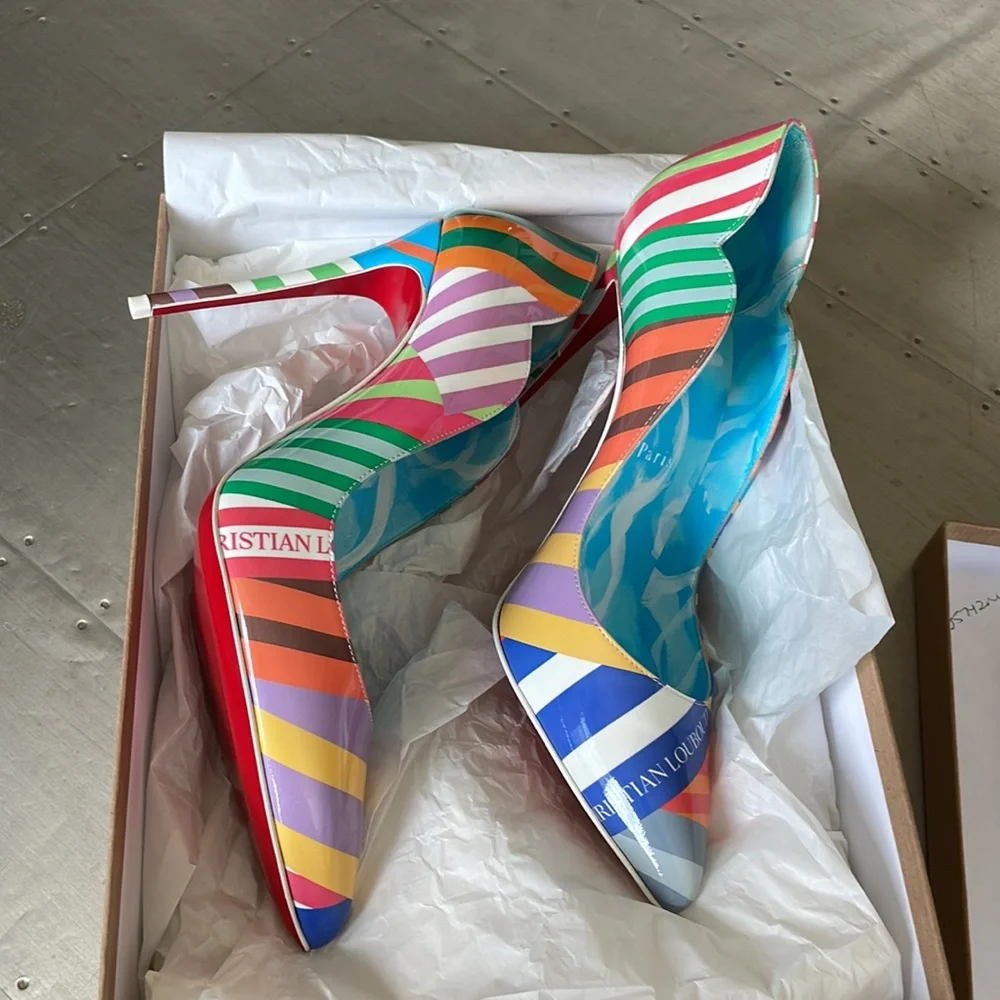 Christian louboutin hot chick 100mm patent striped multi color stiletto sz 37.5